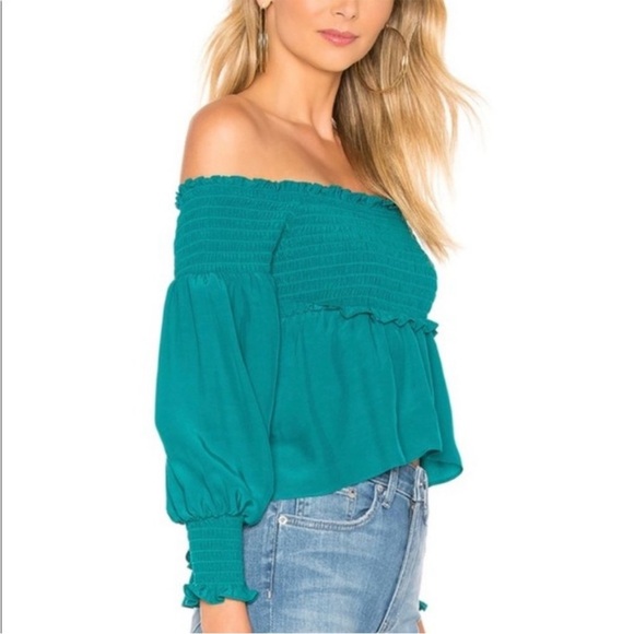 For Love & Lemons × Revolve Off The Shoulder Smocked Blouse in Emerald Size S - Picture 3 of 12